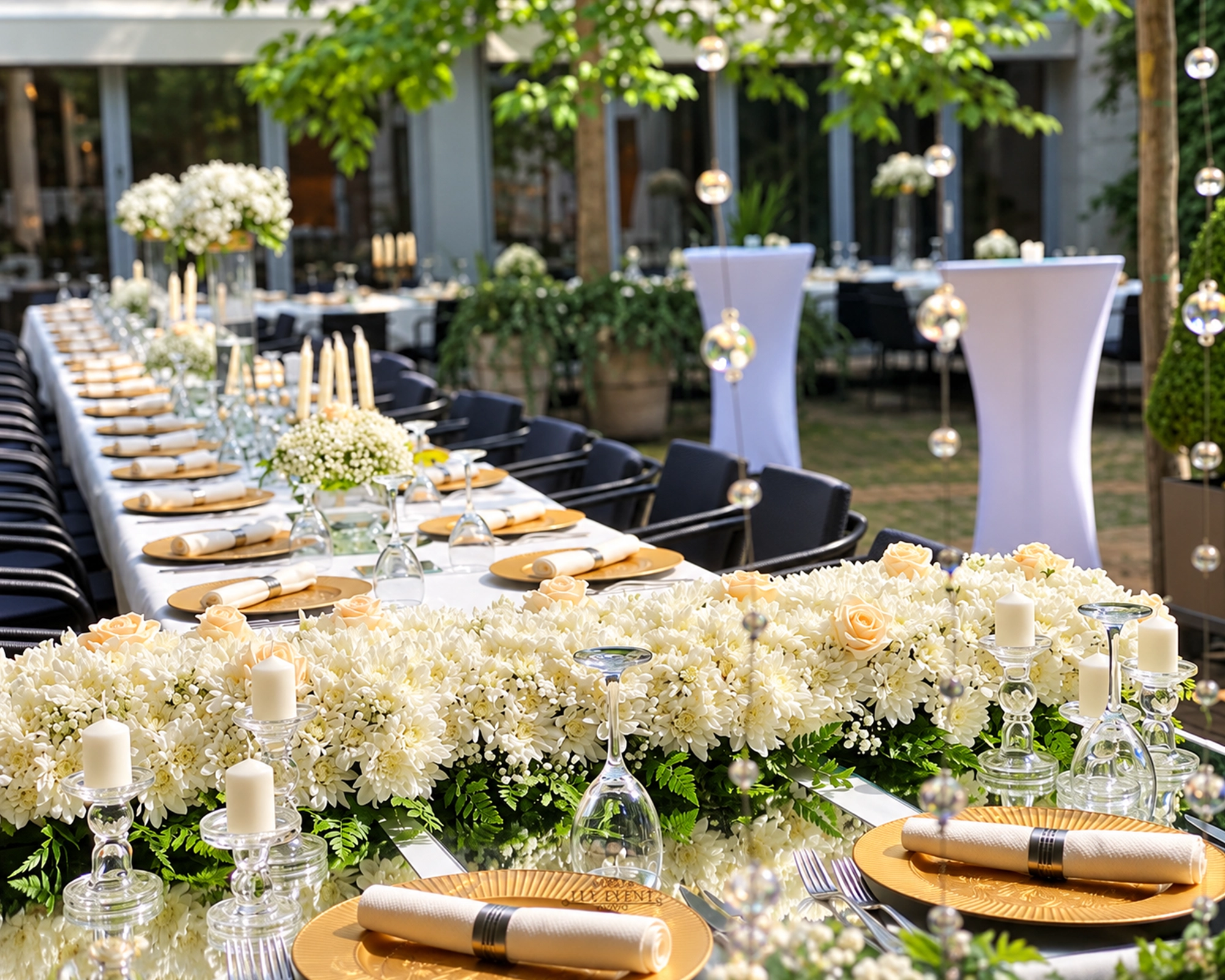 Dekorim tavolinash për dasma në Prishtinë me lule të bardha dhe mbulesa elegante – LLY Event